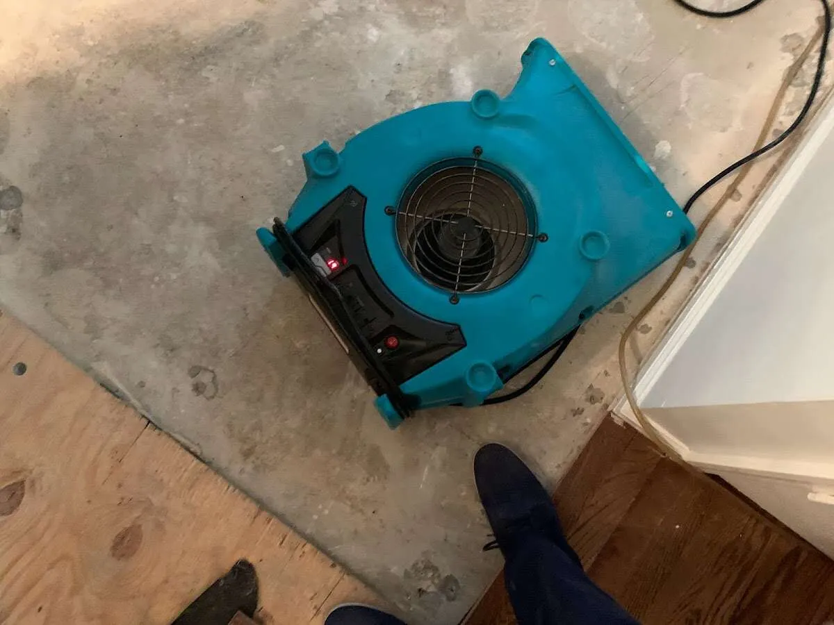 Air mover drying subfloor during Leak Detection & Repair in Madison Heights